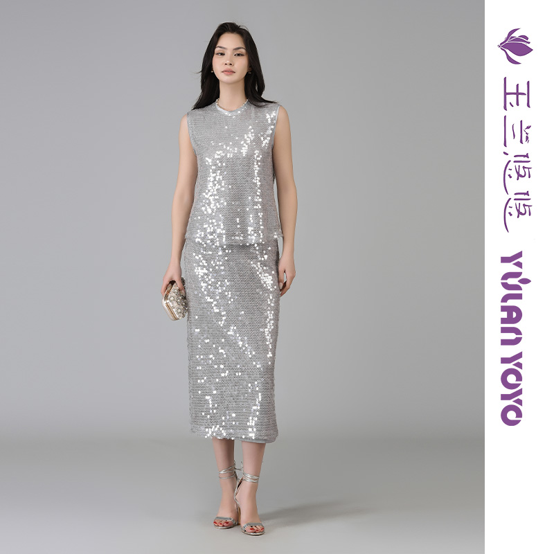 玉兰悠悠2025新款夏“盖茨比”银色亮片半裙精致高腰半身裙女