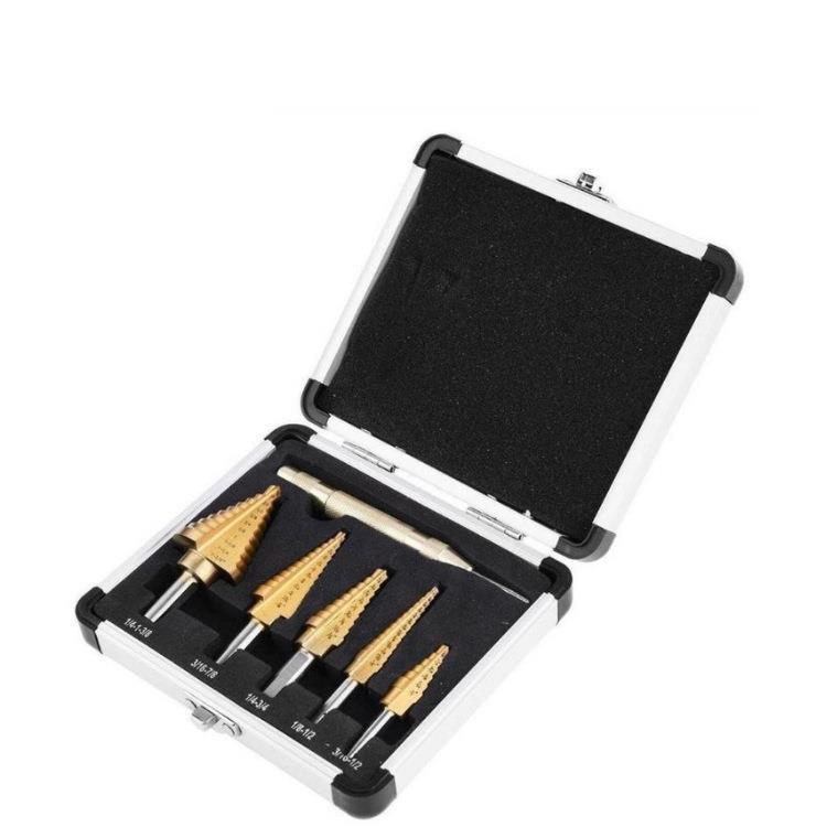 跨境镀钛款6pc英制铝盒宝塔钻多功能阶梯钻 直槽高速钢钻头扩孔器