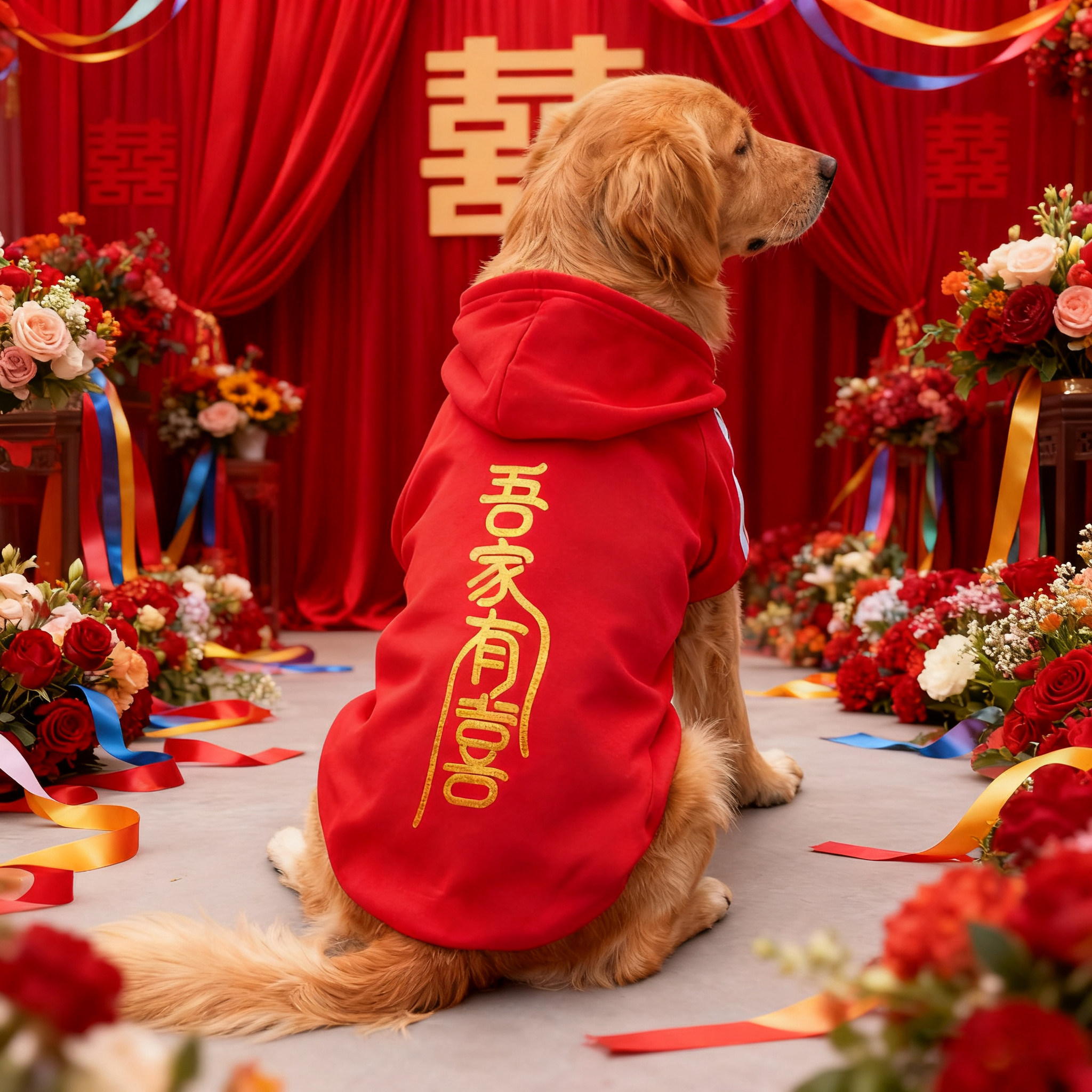 狗狗衣服结婚喜字宠物陪嫁秋冬款卫衣金毛拉布拉多大红色婚礼衣服