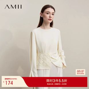 Amii2026春新款优雅通勤圆领拼蕾丝花边绑带雪纺衫女两穿袖口上衣