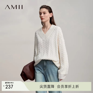Amii2025冬新款 扭花麻花V领套头毛衣女 极简纯色宽松弹力落肩袖