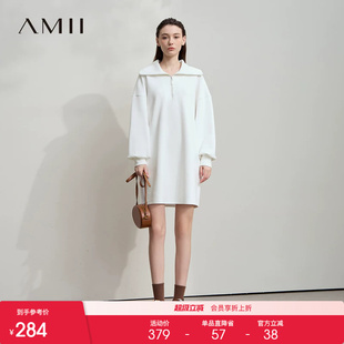 Amii2026秋新款极简纯色运动风宽松大翻领套头空气层长袖连衣裙