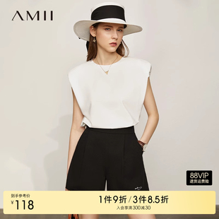 简洁复古圆领垫肩T恤女宽松冰瓷棉弹力纯色上衣 Amii2025夏新款