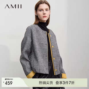 口撞色毛呢外套女初冬外套 25秋冬韩系休闲减龄袖 Amii 含绵羊毛