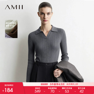 Amii2026秋新款休闲翻领金银丝纱长袖毛衣女不规则坑条纹显瘦上衣