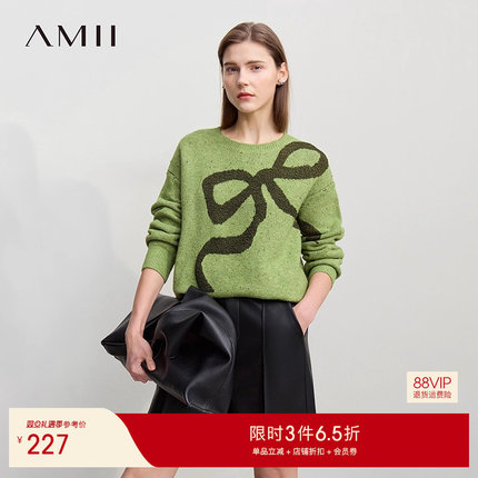 Amii2025冬新款休闲百搭加厚蓬松羊毛纱落肩蝴蝶结撞色提花毛衣