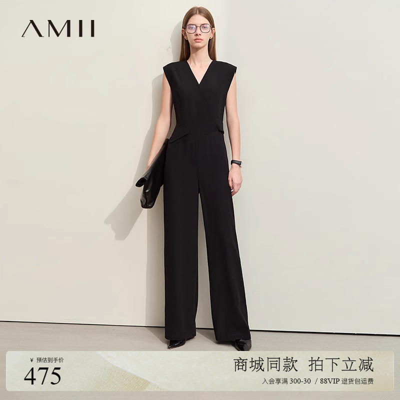 Amii2025夏新款极简职业装V领修身无袖梭织无弹连体裤女款