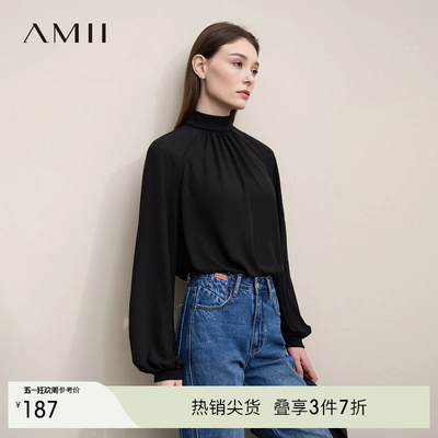Amii2026春新款优雅气质感通勤风半高领插肩袖雪纺衫女宽松上衣
