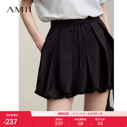 Amii2026秋新款减龄文艺感收褶绑带花苞型休闲短裤女小个子裤子