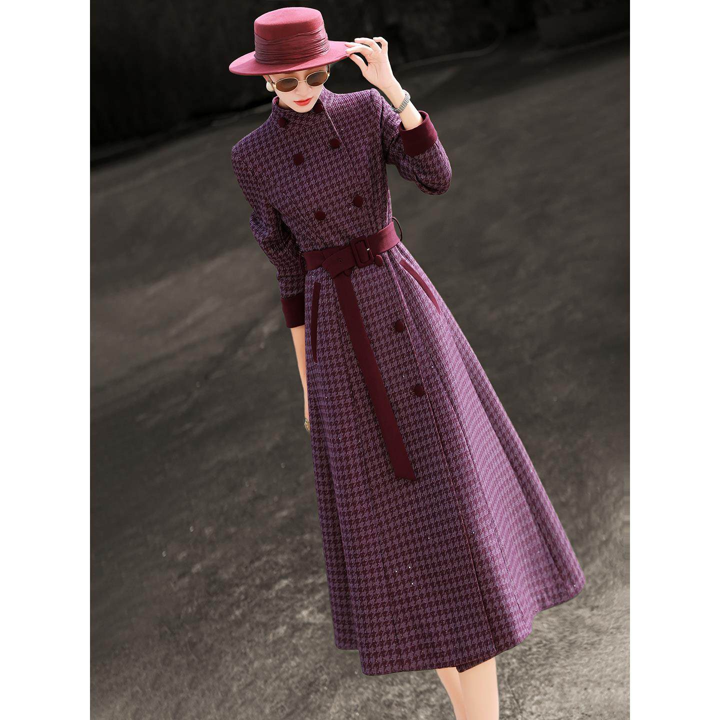 兰瑟儿2025秋冬新款气质名媛复古双排扣撞色粗花呢格子风衣外套女,女装/女士精品,风衣,淘宝优惠券,粉丝福利购,淘宝优惠卷