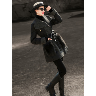 兰瑟儿2025冬季新款气质高级感翻领羊毛呢拼接短款白鸭绒羽绒服女