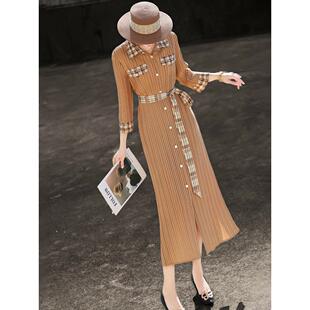 兰瑟儿2026年春季新款时尚气质格纹拼接系带长袖收腰显瘦连衣裙女