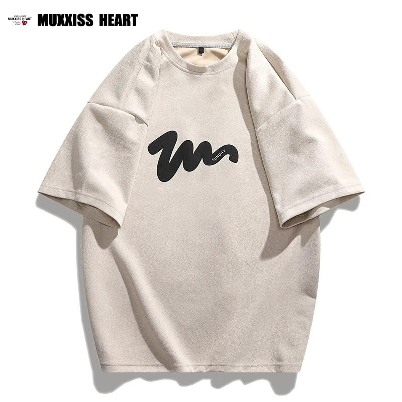 MUXXISS HEART/麦克斯桃心美式高街t恤上衣纯色印花麂皮绒短袖图片