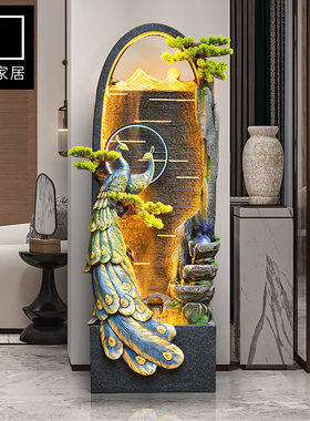 极速MD新中式客厅电视柜摆件招财流水喷泉室内景观仿X真孔雀迎客