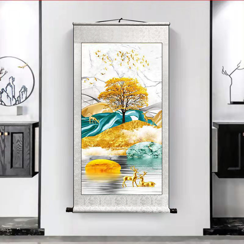 极速国画卷轴挂画五福临门玄关装饰画入户走廊过道客X厅招财鹿风