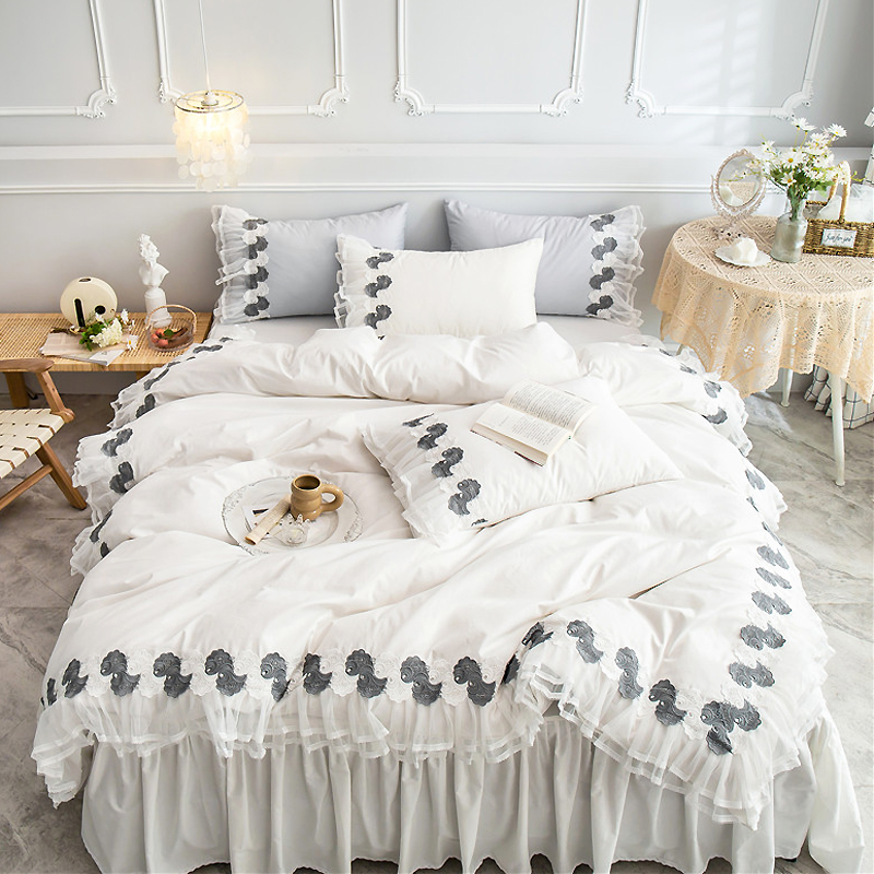 极速公主风床裙款蕾丝边四件套欧式C白色全棉床罩被套1.8m床上用