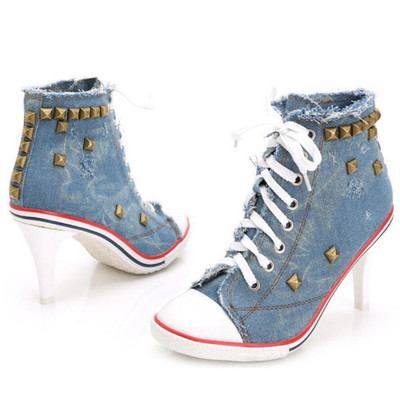 极速Women  Shoes mDenim High Heels Rivets Shoes Fashion Shoe