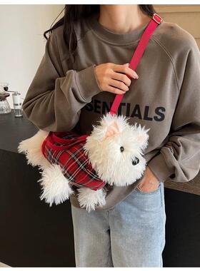 可爱萌少女毛绒绒白色小狗公仔包包女式2025百搭斜挎包玩偶包女