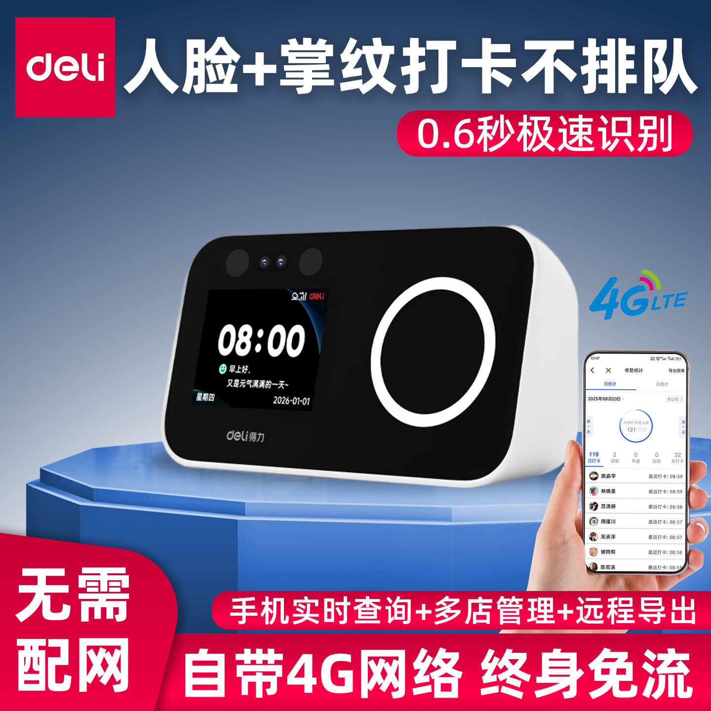 得力人脸考勤机4g智能云打卡机企业公司员工打卡上下班刷脸签到器微信远程手机app打卡机面部识别多地多店管G