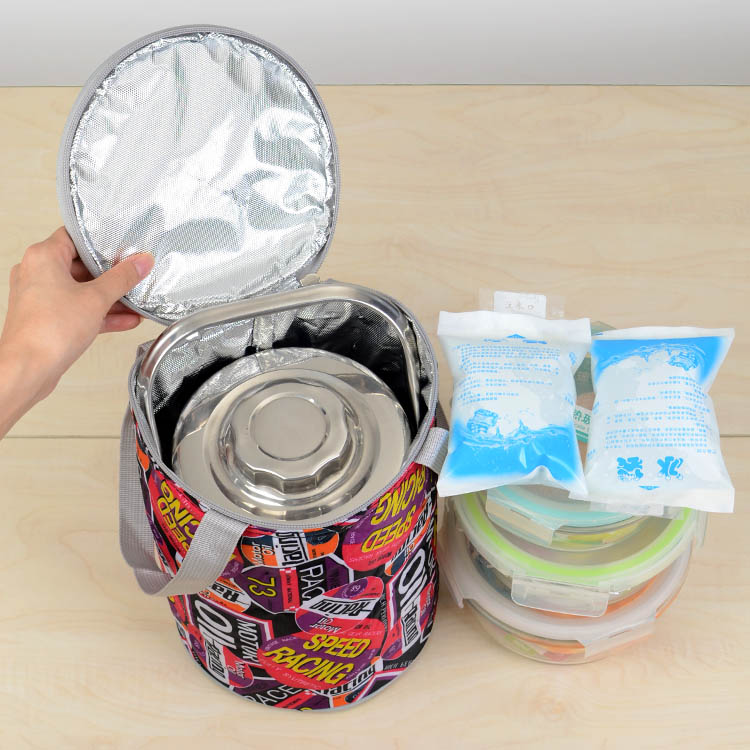 圆形保温饭盒袋手提上班族学生带饭便当包卡通大容量防水圆桶袋