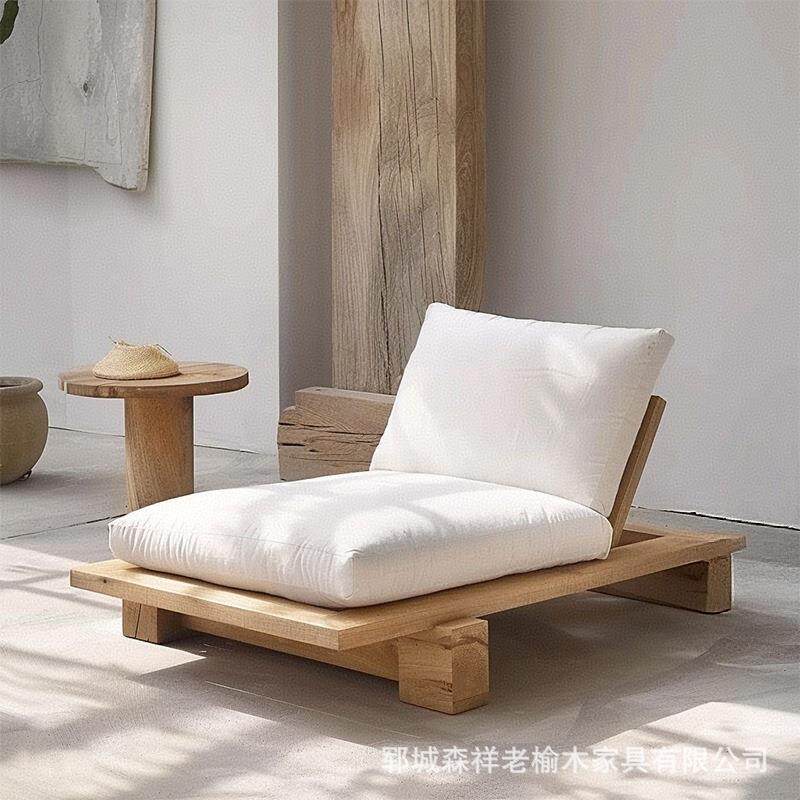 民宿实木单人沙发躺椅创意酒店休闲榆木贵妃椅客厅家用阳台沙发床