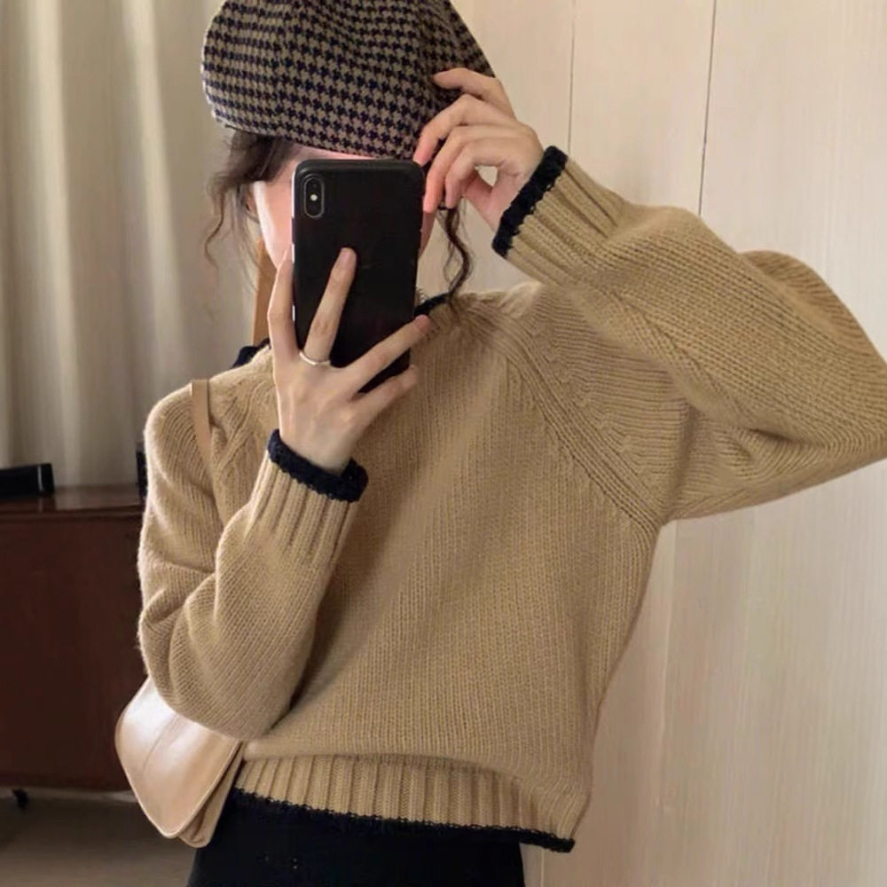 【刘雯同款】秋冬新款全羊毛针织衫女圆领拼色套头毛衣外穿内搭瘦