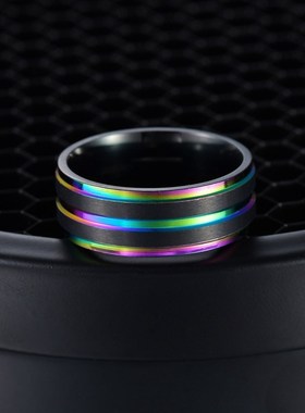 极速跨境新款首饰 欧美男戒 黑间彩钛钢戒指 双色磨砂不.锈钢 手