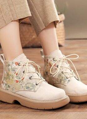 新品春秋款民族风靴子短靴中国风单鞋老北京布鞋女鞋厚.底中跟单