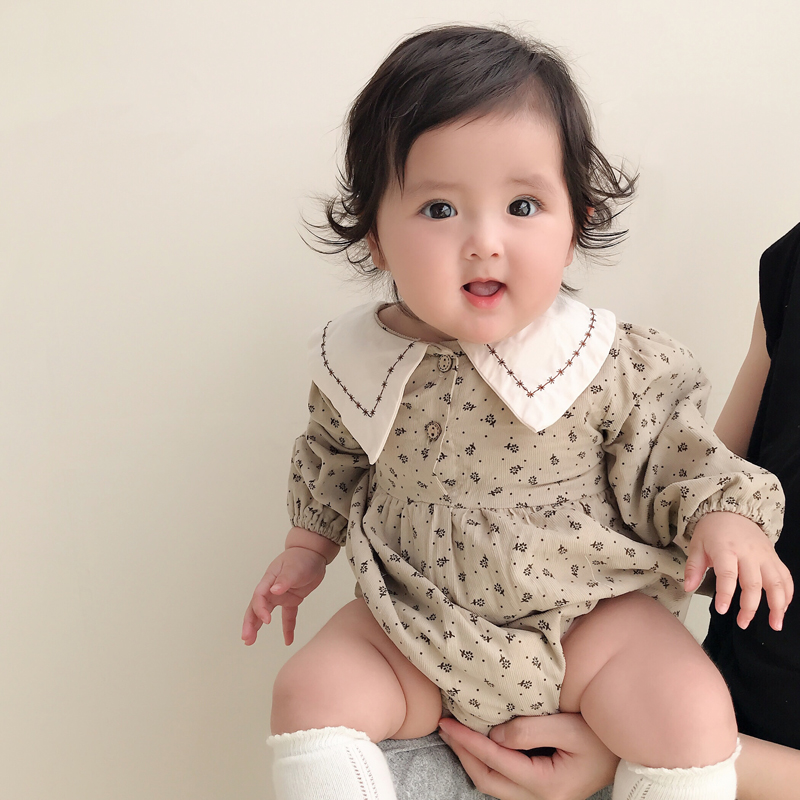 极速inas23春秋韩版婴儿洋气碎花长袖连体哈衣宝宝灯芯绒包屁三角