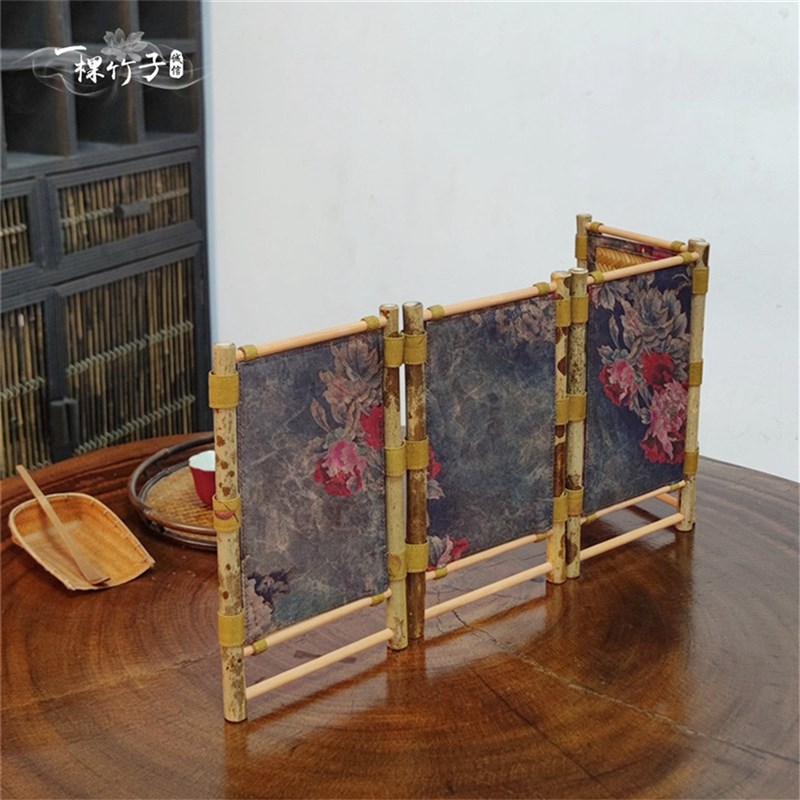 新品香云纱湘妃j竹篱笆小屏风隔断茶空间桌特色装饰摆件茶室复古