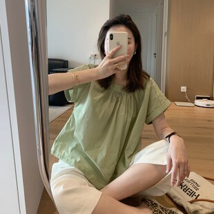 遮肚子圆领宽松衬衫 极速日系减龄娃i娃衫 气质显瘦小衫 短袖 女夏季