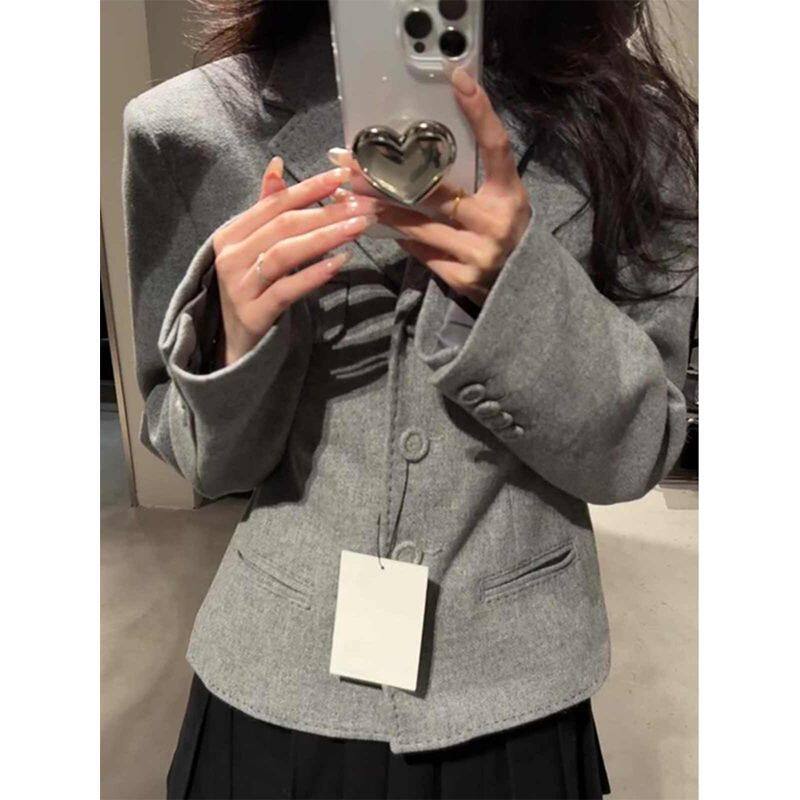 冬季新款洋气时尚百搭灰色修身西装外套显瘦别致高级感超好看