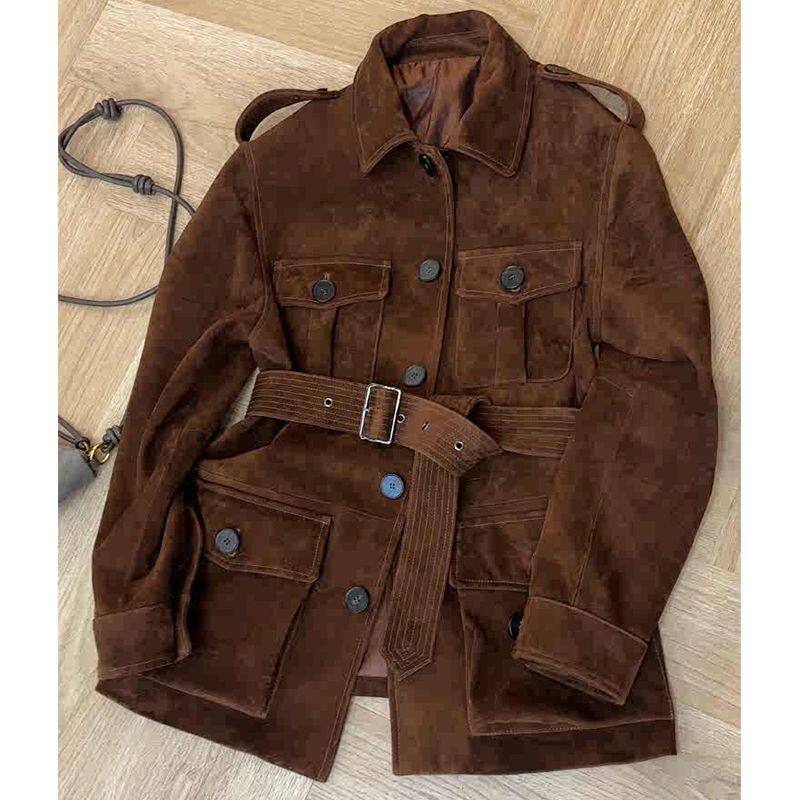 2024秋冬季美拉德红棕色腰带口袋收腰外套中长款独特高级感轻熟风