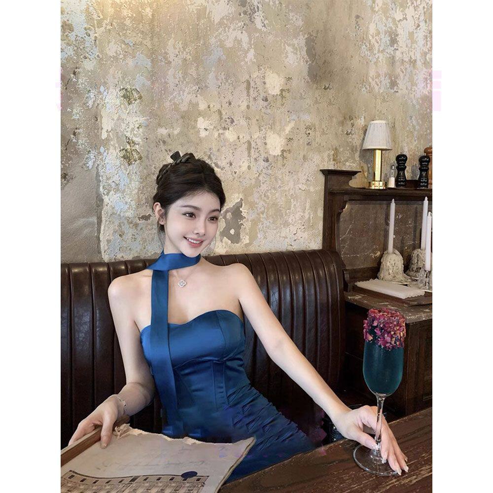 蓝色显白2024包臀夏季飘带连衣裙新款高级修身显瘦抹胸裙