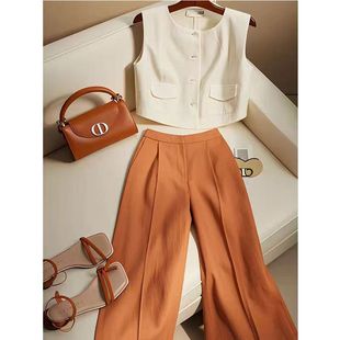 今年流行炸街减龄时尚气质高级感白色马甲橘色阔腿裤子套装夏季女