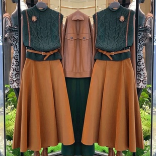 韩剧女主穿搭一整套盐系轻熟富家千金感绿色针织背心三件套装裙春