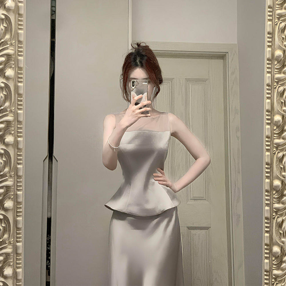 2025春夏新款纯色时尚千金气质收腰短款上衣宽松长款半身裙两件套