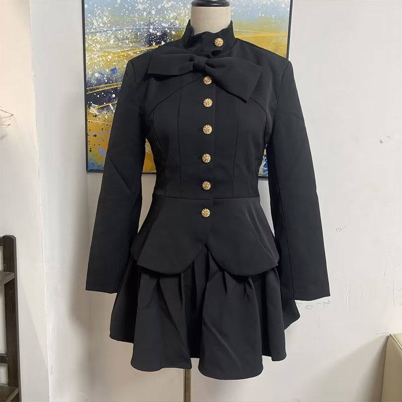 原创 2025年春装新款黑色蝴蝶结上衣收腰显瘦百褶裙套装