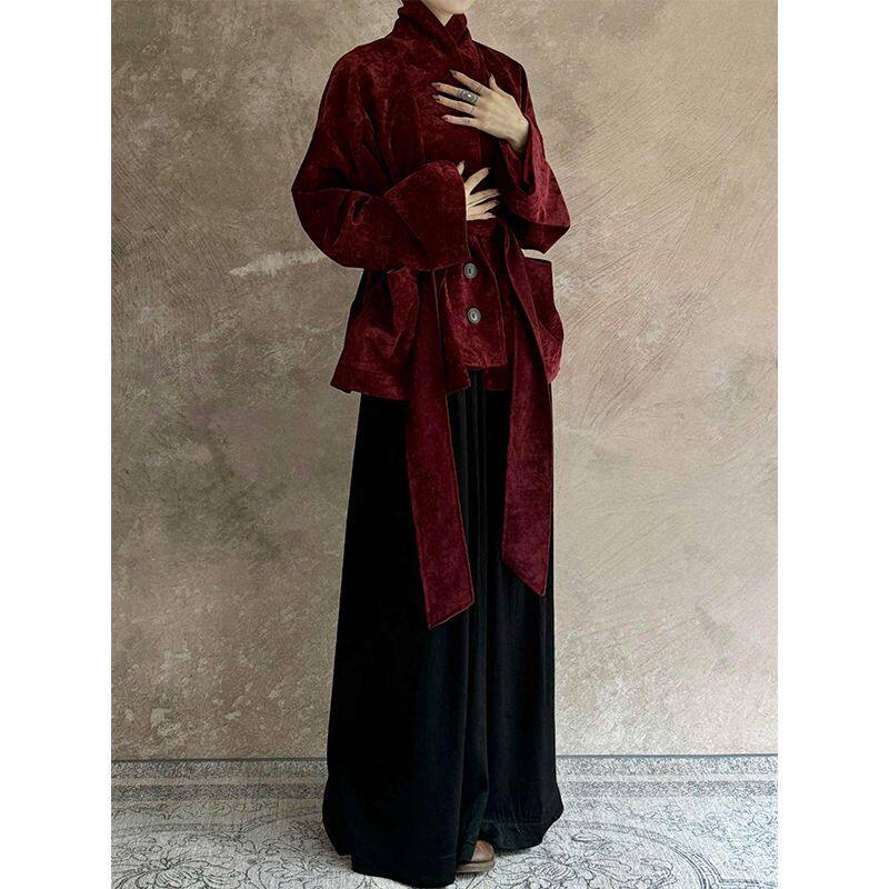 安可拉红新中式复古绒面气质收腰2024短上衣秋冬外套半裙套装