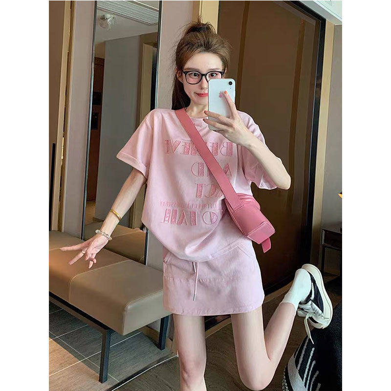 粉色短袖t恤套装女2025新款夏季甜美减龄宽松休闲半身裙两件套ins