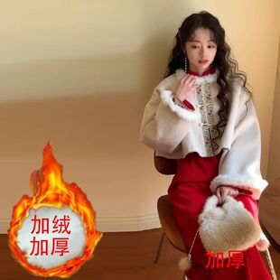 加绒加厚唐装女中国风高端套装冬天新款新年穿搭旗袍连衣裙两件套