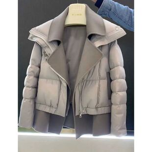 韩系毛呢拼接灰色西装短款羽绒棉服女2024冬新款高级感炸街厚外套