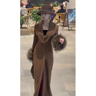 新款韩版气质设计感毛毛拼接系带毛呢大衣女时尚百搭长袖过膝外套