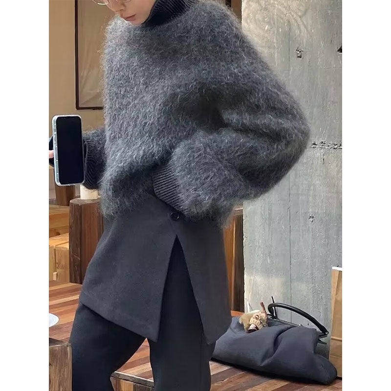 2024高级感百搭灰色复古毛衣女装冬季气质拼接长裤套装女