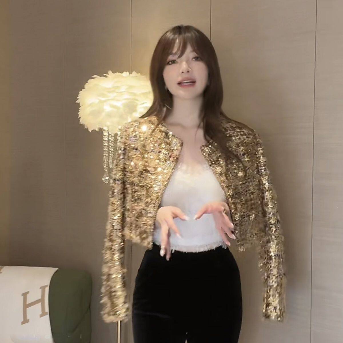 金色亮片轻奢重工名媛时尚小香风外套女秋冬2023款短款高端小个子