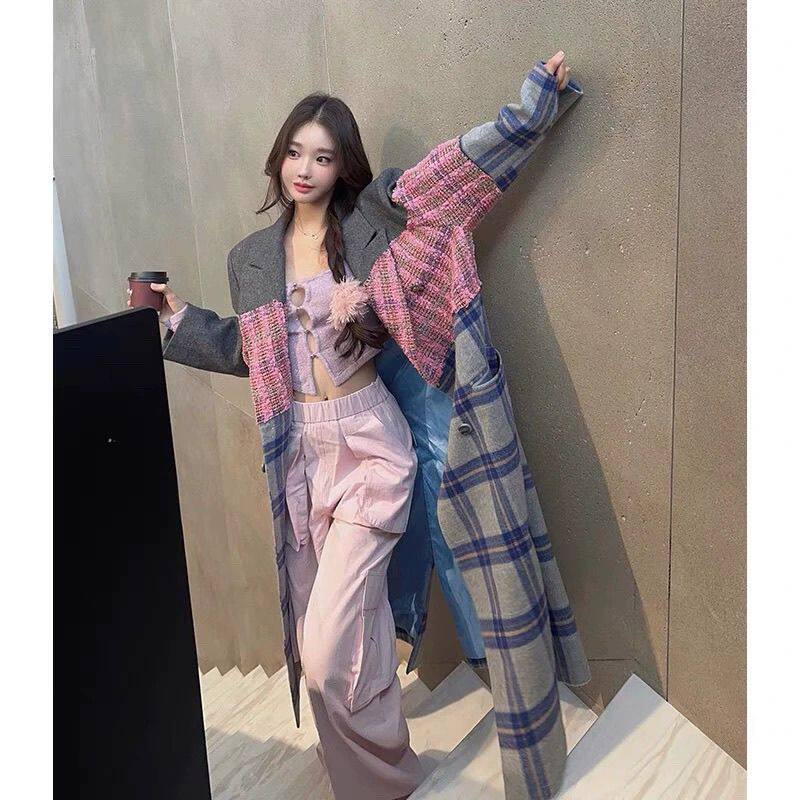 韩系撞色拼接小香风外套女冬季新款设计感小众慵懒风长款毛呢大衣