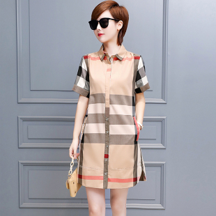 气场强大女装高级感气质休闲中长款衬衫裙 英伦风直筒格子连衣裙