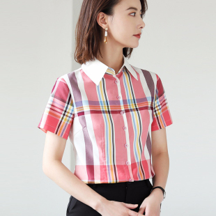 女装 大码 休闲直筒显瘦短袖 高端减龄短款 夏季 红色格子衬衫 格子衫