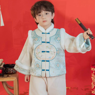 男童加厚汉服中国风秋冬季男童唐装套装儿童中式古装表演服拜年服