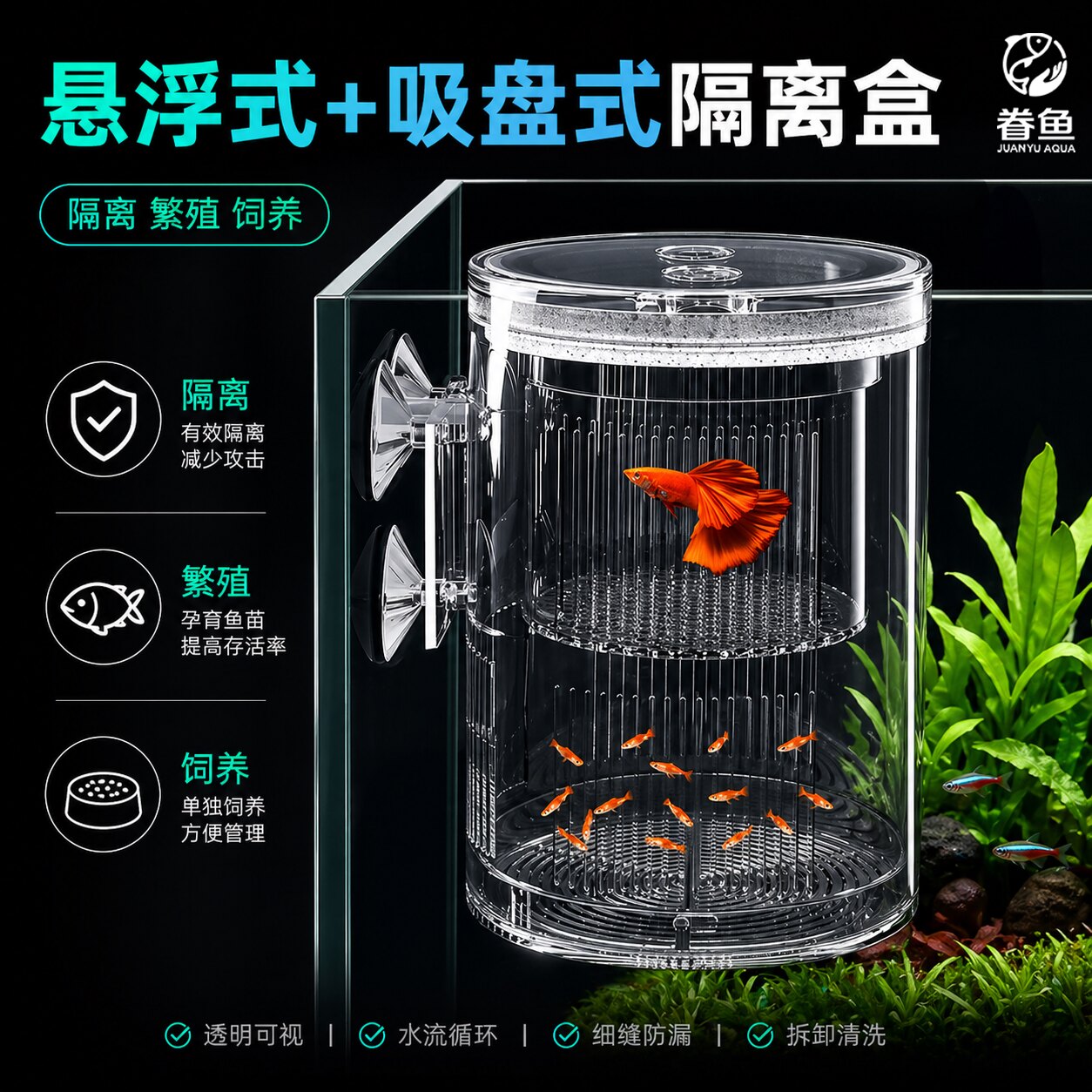 孔雀鱼繁殖隔离盒产卵桶母鱼孵化网产房小鱼幼鱼隔离透明产子产箱图片